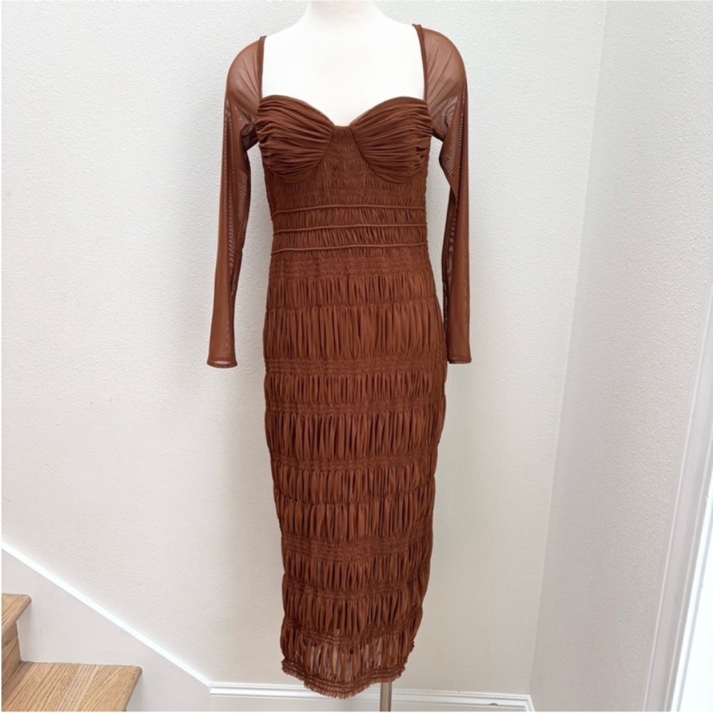 Self Portrait Midi Dress Shirred Mesh Long Sleeve Ruched Chocolate Brown Size 6 - Picture 2 of 13